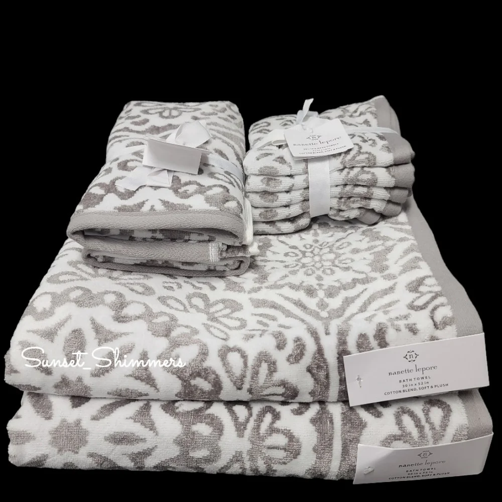 9pc Nanette Lapore Christmas Snowflake Damask Bath Hand Washcloth Towel Set New